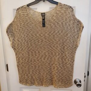 Chico's Travelers sz 3 Open Knit short slv Sweater gold metallic crochet casual